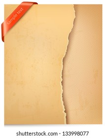 Vintage Background With Ripped Old Paper And Red Ribbon. Vector Illustration.