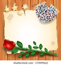 Vintage background with rose and heart, vector 