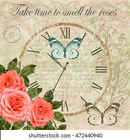 Vintage background with roses,butterflies and old clock.