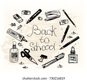 Vintage background with school supplies.Back to school. Vector illustration. ?hancery.
Hand drawn stationery set. Pencil, Pen, Marker, Brush, Stylus, Highlighter, Cutter. School accessories.