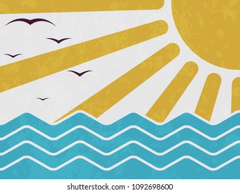 Vintage background with sea and sun. Summer retro poster. 