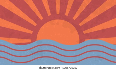 Vintage background with sea and sun. Summer retro poster. Sunset or sunrise.