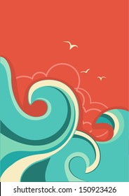 Vintage background with sea waves and sky.Vector color poster flat design