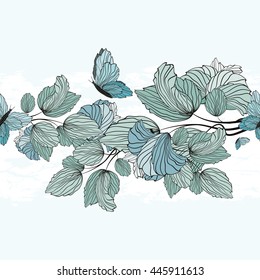 Vintage Background With Seamless Floral Ornament And Butterflies