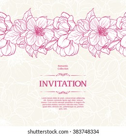 Vintage background with seamless floral pattern and spring flowers border. Vector botanical illustration. Template greeting card invitation banner. Sketch linear apple cherry blossom sakura flowers