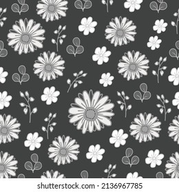 vintage background. seamless pattern with blooming flower with leaves illustration on grey background. hand drawn vector. wallpaper, wrapping paper and gift, backdrop, fabric, textile. nostalgia theme