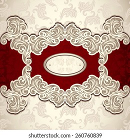 Vintage background with seamless pattern in pearly beige and red colors for invitation or congratulation or for package perfume, cosmetic, jewelry, sweets, tea or for label Wine, vodka