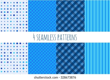 Vintage background set with blue seamless patterns. Vector illustration. 