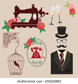vintage background: sewing machine, bird cage, phone, rose