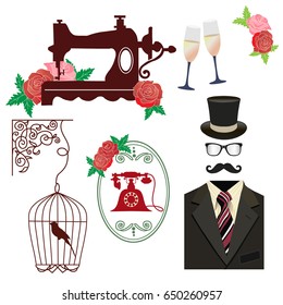 vintage background: sewing machine, bird cage, phone, rose