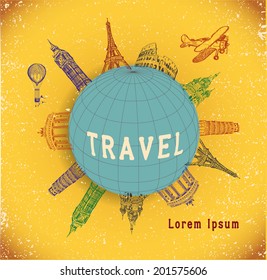 vintage background with sights of Europe. Vector Illustration.