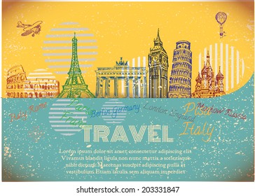 vintage background with sights of Europe. Vector Illustration.