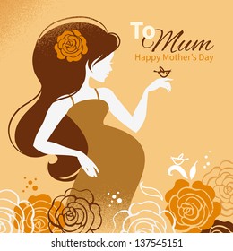 Vintage background with silhouette of beautiful pregnant woman. Cards of Happy Mother's Day
