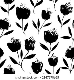 Vintage background with small flowers. Hand drawn seamless vector pattern with black brush simple flowers. Decorative floral ornaments for textiles, wrappers, fabrics. Black abd white abstract plants.