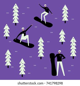 a vintage background of snowboarding; a flat retro poster with snowboarders and fir trees; winter sportsmen standing; riding; jumping; in geometric cartoon style