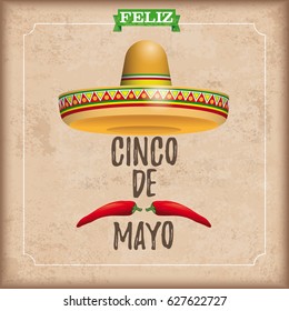 Vintage background with sombrero, chili and text Cinco De Mayo. Eps 10 vector file.