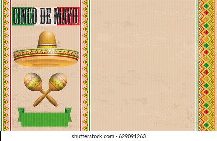 Vintage background with sombrero, mexican ornaments and text Cinco De Mayo. Eps 10 vector file.