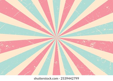 Vintage fundo e espiral retro raios vetor padrão. Cartaz retrô de linhas radiais cor-de-rosa, branco e azul com textura grunge, circo, carnaval.