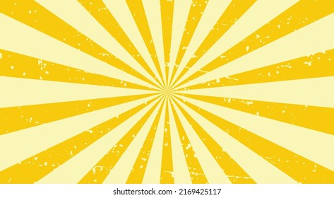 Vintage background with stripes. Vector illustration with sun burst. Sunburst on horizontal retro background. Sun rays vintage style on yellow background. 