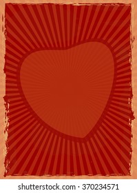 Vintage background with sun rays radiating from the heart. Red retro background with heart. Vector  grunge background for your design.