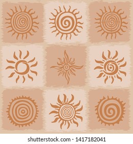 Vintage background, sun symbols in ethnic style