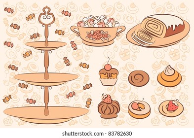Vintage background with sweet cakes. Vector