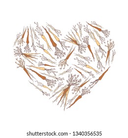 Vintage background template with vegetables carrots of heart shape . Square post for social media
