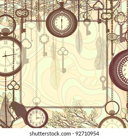Vintage background with tree branches and antique clocks and keys