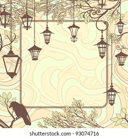 Vintage background with tree branches and retro street lamps