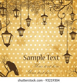 Vintage background with tree branches and retro street lamps