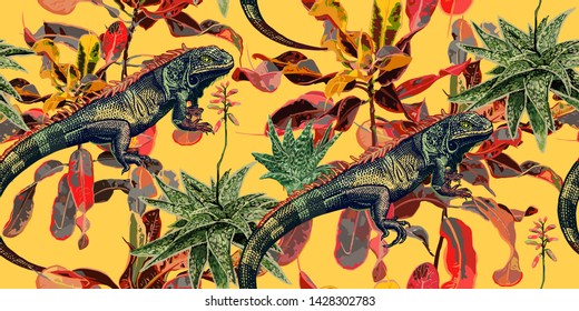 Vintage background with tropical plants and lizards. Iguanas, cactus and ficus on yellow background. Leaves, flowers and reptiles. Vector illustration. Design for textiles, wallpaper, paper, Hawaiian