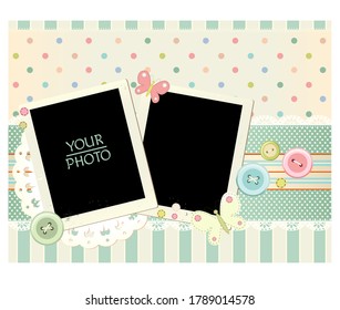 Vintage background with two retro photos, lace and buttons. Mock up template. Copy space for text. Can be used for scrapbooking design. Vector illustration EPS8