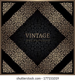 Vintage background, vector gold frame with slanting diagonal border ornament on black