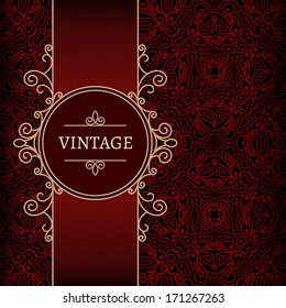 Vintage background, vector gold label over red pattern, ornamental frame template