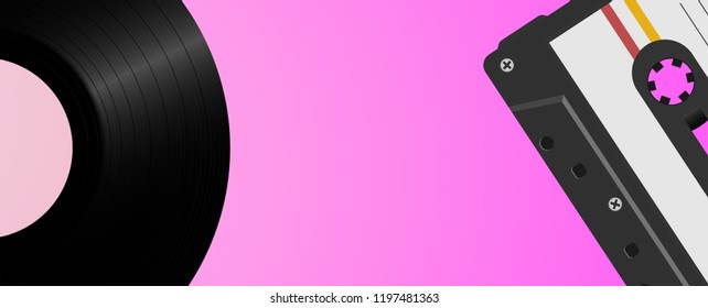 Vintage background with vinyl record and audio tape. Retro music background template.