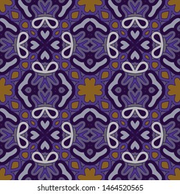 Vintage background in violet and orange  with geometric and floral elements. Retro seamless wallpaper pattern 