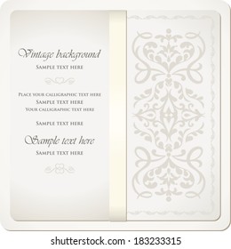 Vintage background, wedding greeting card, invitation card with ribbon, antique style floral ornament, beautiful, luxury postcard, old paper, ornate page cover, ornamental pattern template for design 