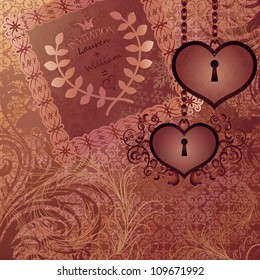 Vintage background with wedding invitation and two heart locks