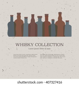 Vintage Background For Whisky Bar, Restaurant, Shop, Tasting Event. Set Of Whiskey Bottles.  Advertising Poster. Vector Illustration For Beverage Package Label, Brochure, Drink Menu.
