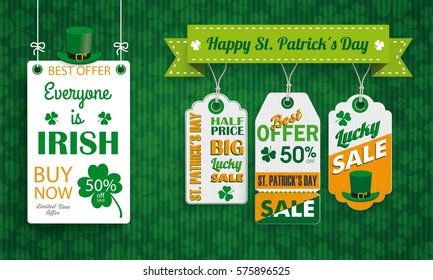 Vintage background with white frame and price stickers for St Patricks Day. Eps 10 vector file.