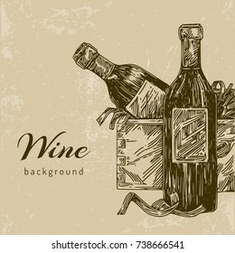 Vintage background.  Wine bottle and gift box. Engraving style .