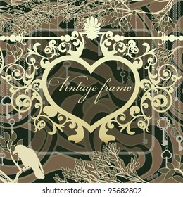 Vintage background with wrought heart frame and antique keys