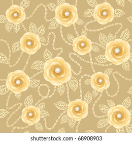 Vintage background with yellow roses, gold chains and pearls