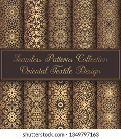 Vintage backgrounds. Luxury islamic seamless patterns. Golden mandala ornate. Elegant weave ornament for wallpaper, fabric, paper, invitation print. Abstract flower damask vector. Forged floral motif.