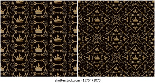 Vintage backgrounds, patterns. Renaissance art. Two modern background pictures in retro style. Seamless vector backgrounds. Set of patterns. Colors in the image: black, brown, gold. Vector graphic.