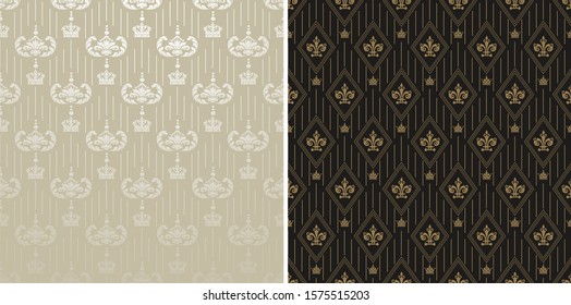 Vintage backgrounds, patterns. Renaissance art. Two modern background pictures in retro style. Seamless vector backgrounds. Set of patterns. Colors in the image: black, gray, silver, gold. Vector.