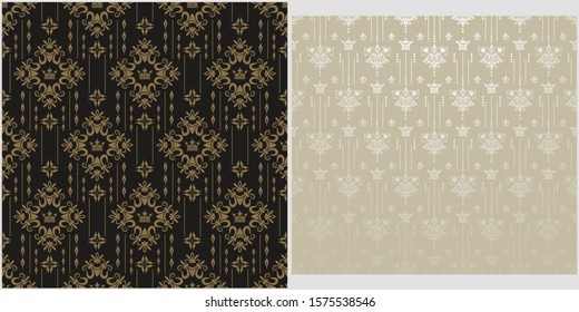 Vintage backgrounds, patterns. Two modern background pictures in retro style. Seamless vector backgrounds. Set of patterns. Colors in the image: black, gray, silver, gold. Vector image.