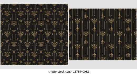 Vintage backgrounds, patterns. Two modern background pictures in retro style. Seamless vector backgrounds. Set of patterns. Colors in the image: black, brown, gold. Vector graphic.