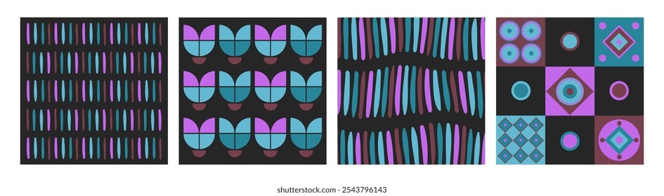 Vintage backgrounds, retro 1970s cards with patterns, meshes, geometric forms and distorted lines. Vector decorative illustrations, abstract art.