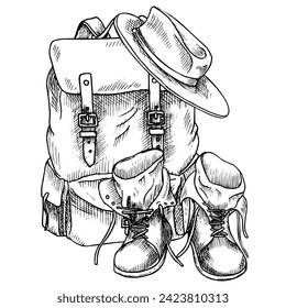 Vintage Backpack with Hat and leathery old retro Boots. Hand drawn vector illustration of travel equipment for adventure and tourism. Drawing of bag for hiking painted by black inks in linear style.